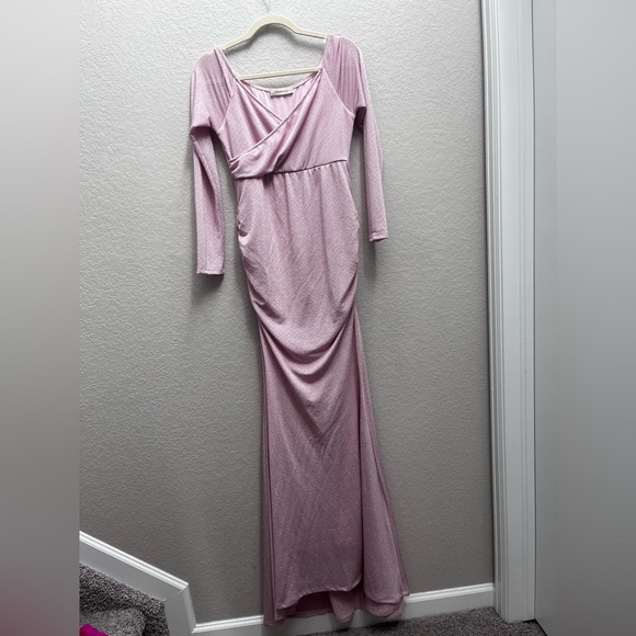 PinkBlush Pink Metallic Off Shoulder Long Sleeve Wrap Maternity Photoshoot Gown - Picture 2 of 8